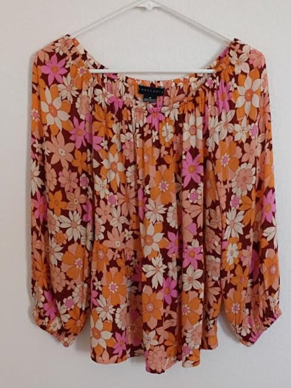 SANCTUARY WOMEN'S TOP SEASHORE ORANGE PINK FLORAL 3/4 SLEEVE ELASTIC NECK SIZE M